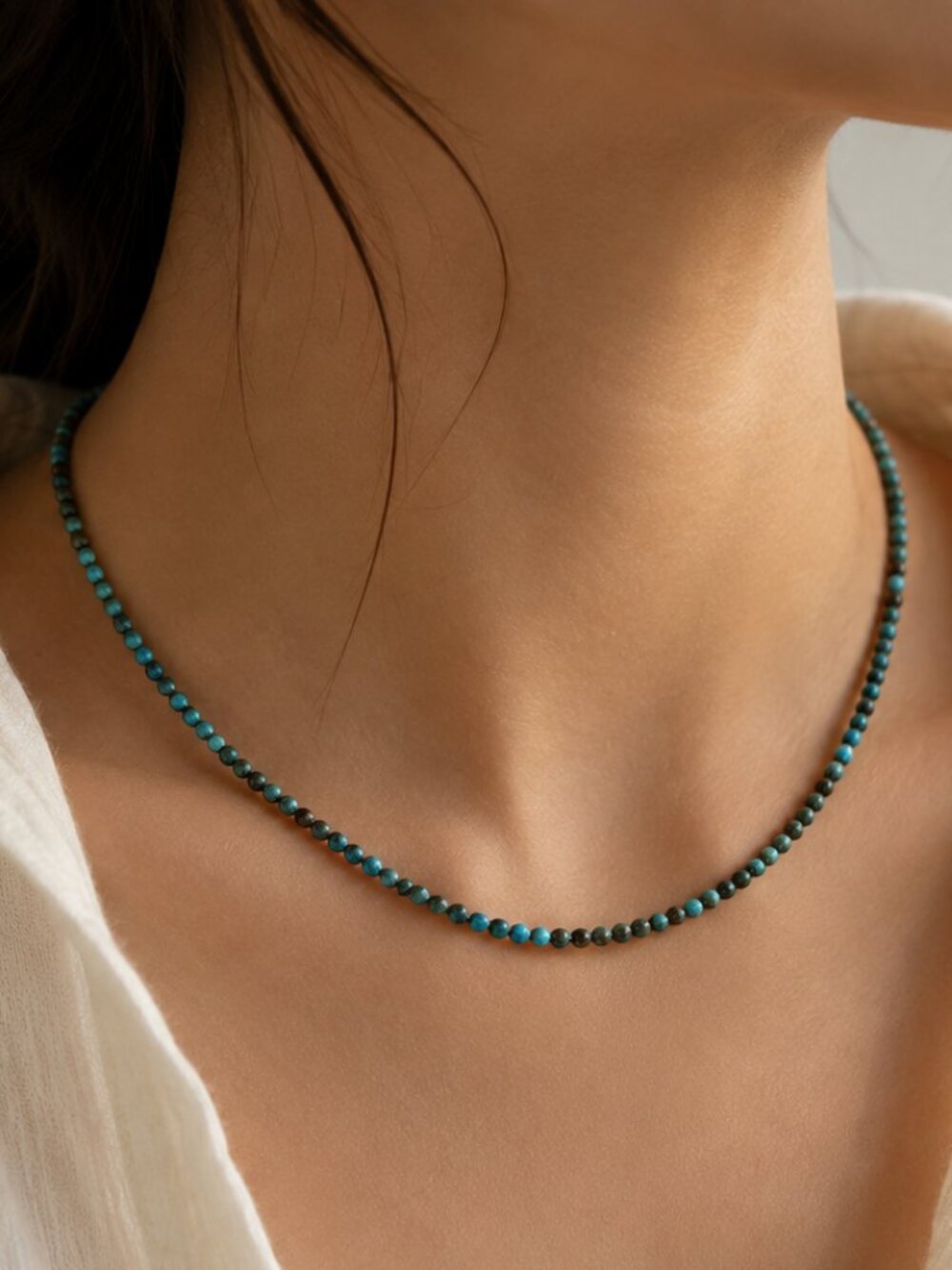 Tiny Hubei Turquoise 4mm Beaded Necklace Unisex